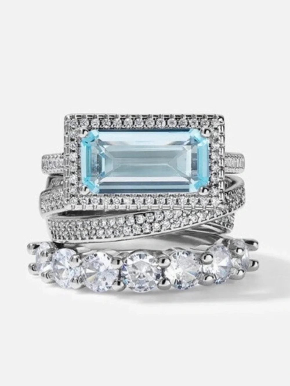 New Aquamarine Blue & Diamond 3 Ring Statement Stacked Ring Stack Set Size 7